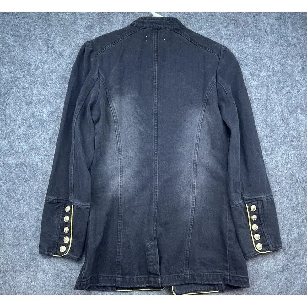 Indigo Thread Co Jacket Small Black Denim Gold Buttons Goth Dark Military - Picture 2 of 6